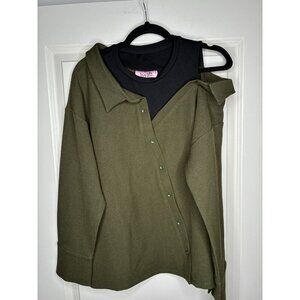b+ab Off the Shoulder Green Knit Button Down Shirt Size 38 or XS